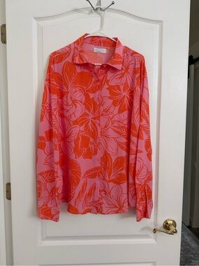 Women's Pink Floral Button-Down Shirt with Orange Print